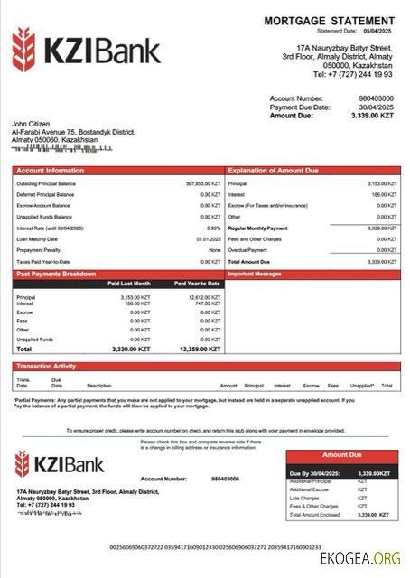 Modèle Word et PDF de relevé hypothécaire de la KZI Bank du Kazakhstan